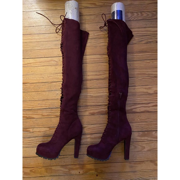 Remy Women thigh high lace up front suede boots Size 8.5 Purple - Picture 4 of 16